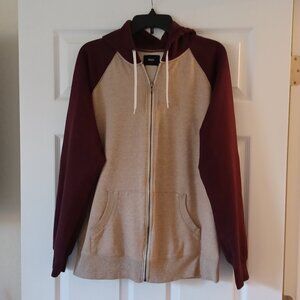 LIKE NEW! BDG Full Zip Maroon/Tan Drawstring Unisex Hoodie Size XL